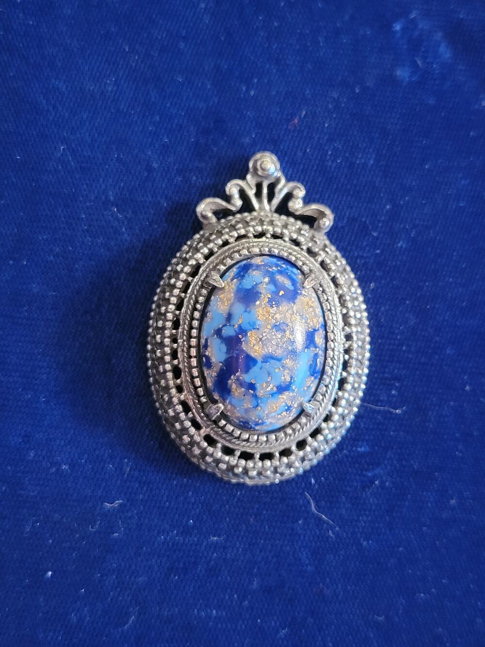 Vintage silver toned blue marbled signed Florenza brooch with Magnetic pin back